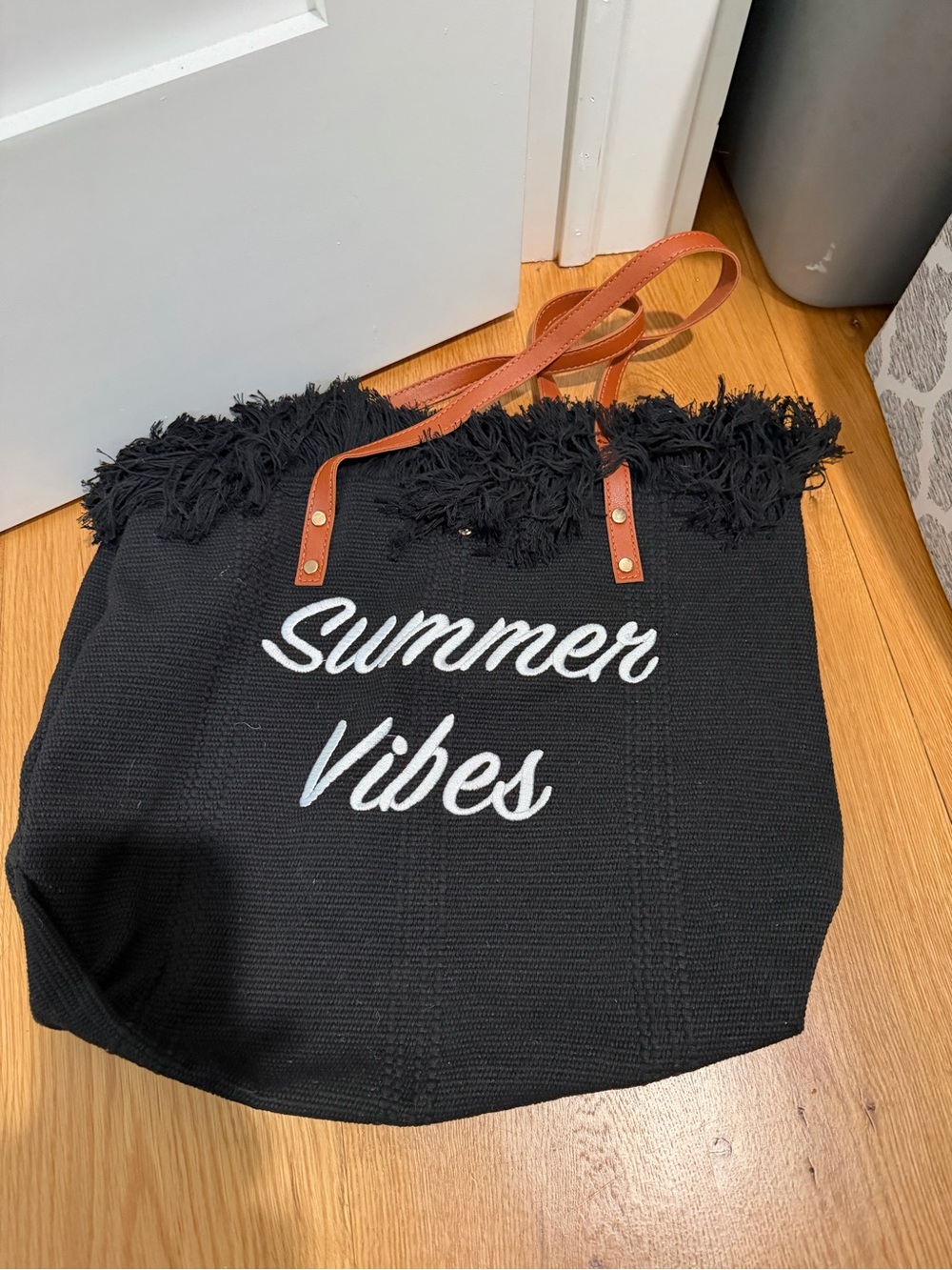 Black 'Summer Vibes' Fringe Tote with Brown Straps